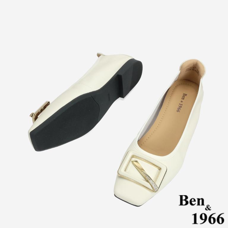 Ben&1966 高級絲綢羊皮舒適內增高方頭包鞋-米白