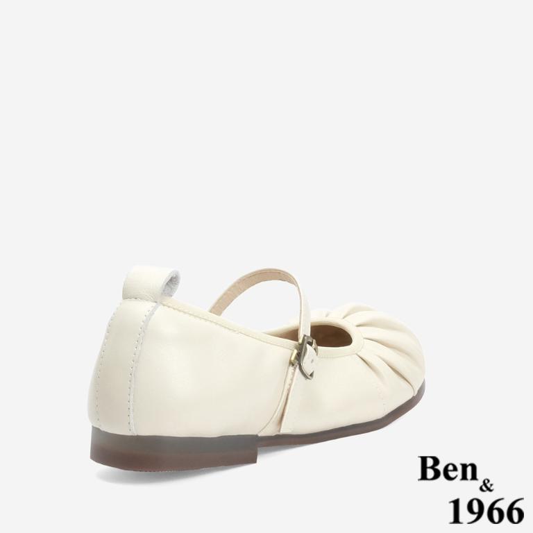 Ben&1966 高級頭層牛皮圓頭抓皺舒適瑪莉珍鞋-米白