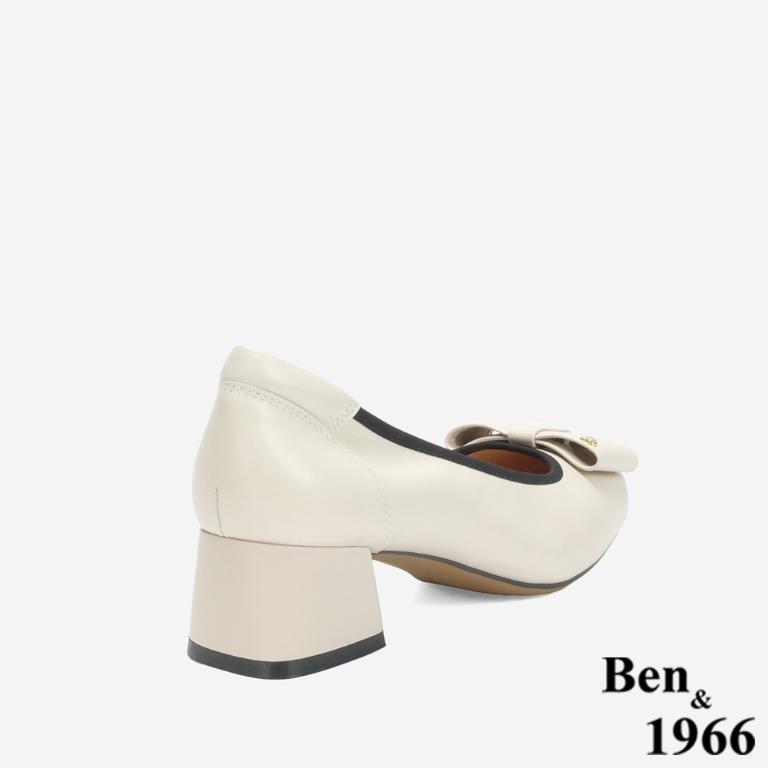 Ben&1966 質感牛皮氣質撞色蝴蝶結方頭粗跟鞋-黑