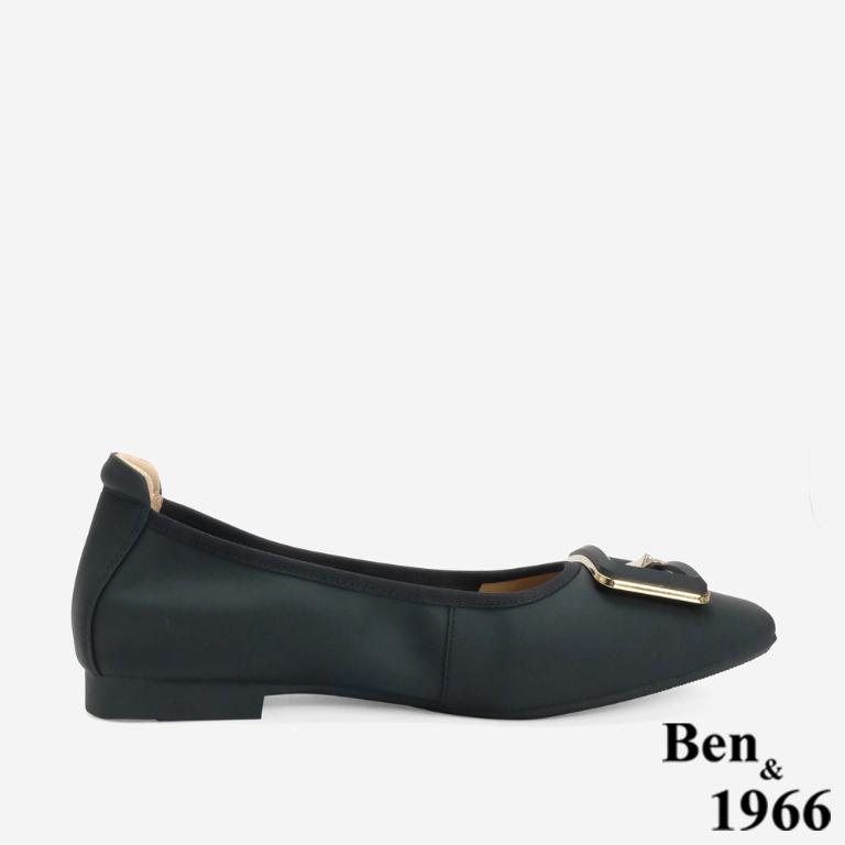 Ben&1966 高級絲綢羊皮舒適內增高方頭包鞋-黑