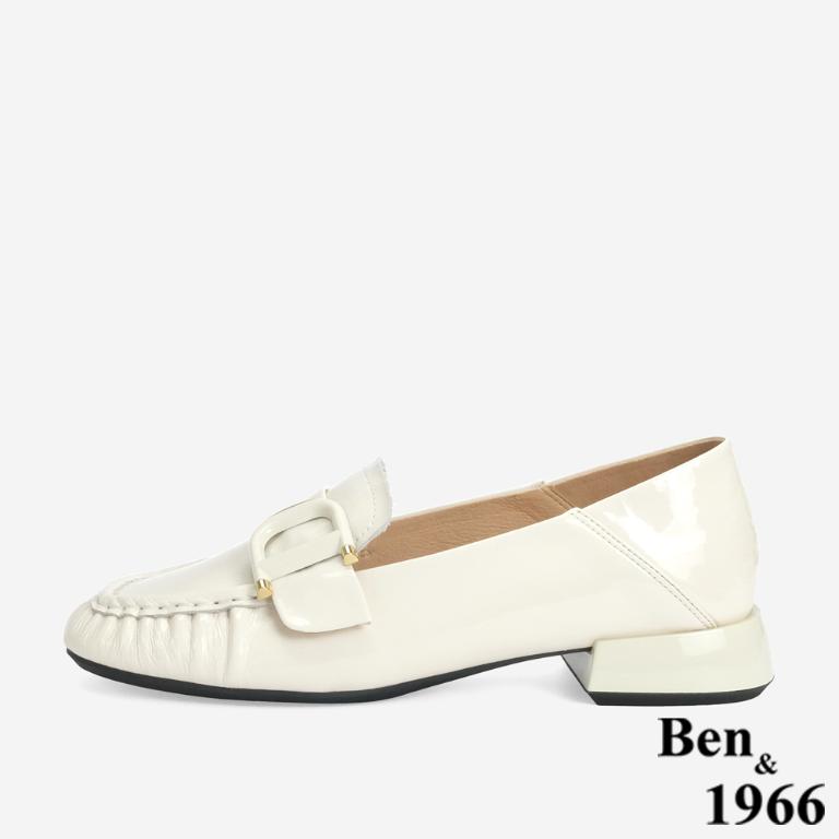 Ben&1966 高級牛漆皮個性D釦方頭低跟樂福鞋-米白(246332)