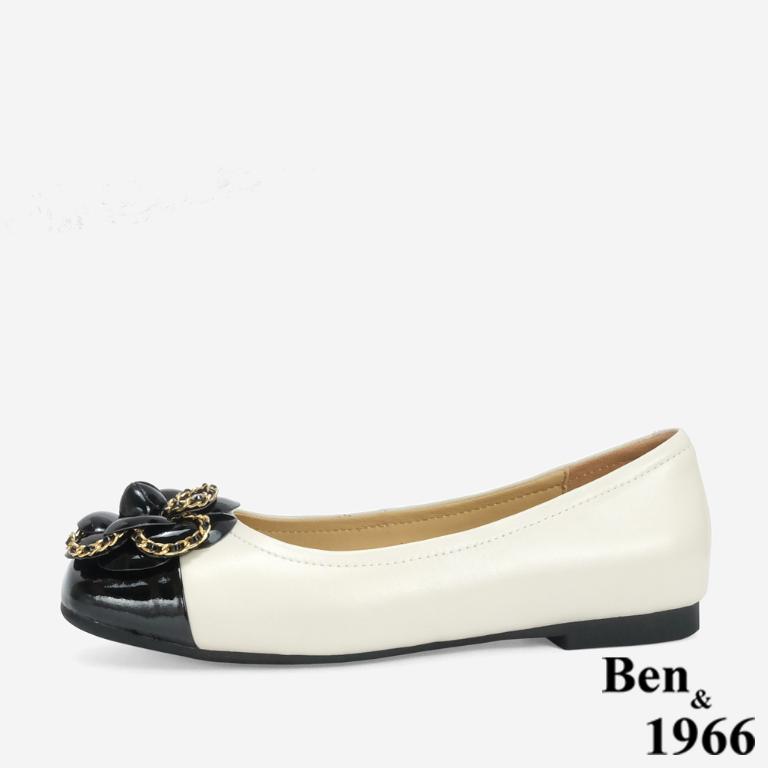 Ben&1966 柔軟羊皮優雅山茶花方頭包鞋-米白