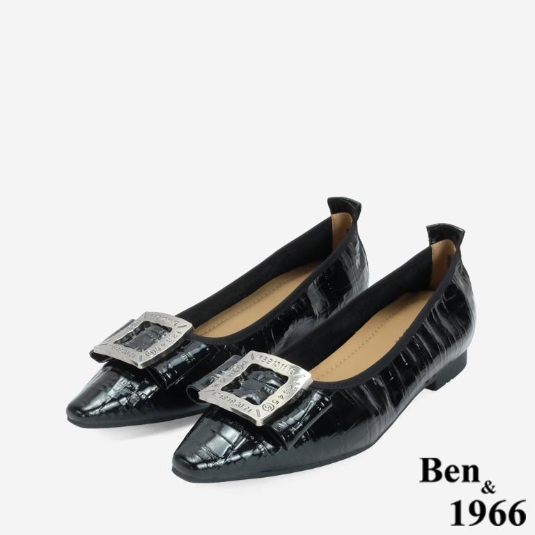 Ben&1966 高級頭層牛皮金屬方釦氣質尖頭包鞋-黑