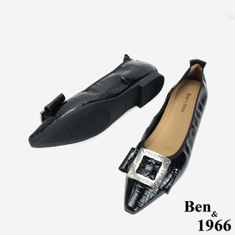 Ben&1966 高級頭層牛皮金屬方釦氣質尖頭包鞋-黑