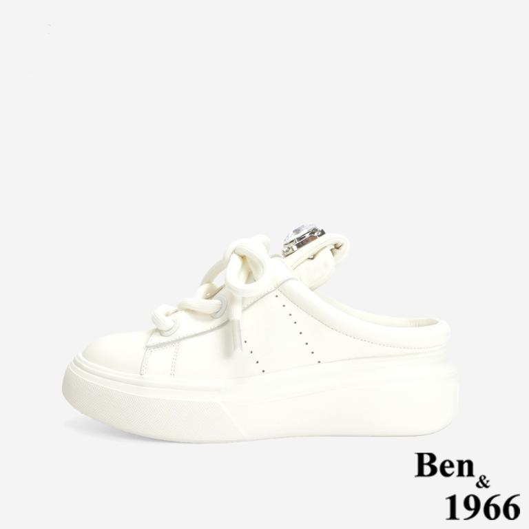 Ben&1966 高級頭層牛皮可愛圓鞋帶鑽釦胖胖休閒鞋-米白