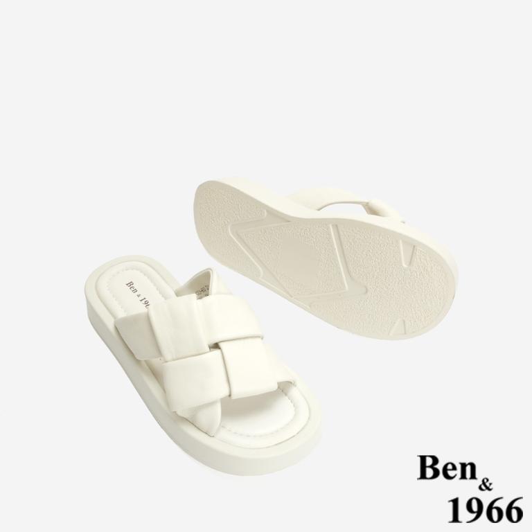 Ben&1966 柔軟綿羊皮胖胖編織感厚底拖鞋-米白(246473)