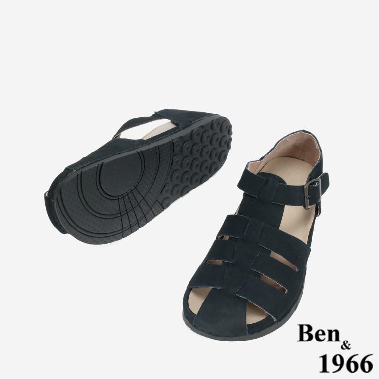 Ben&1966 高級牛磨砂皮知性文青魚骨涼鞋-黑