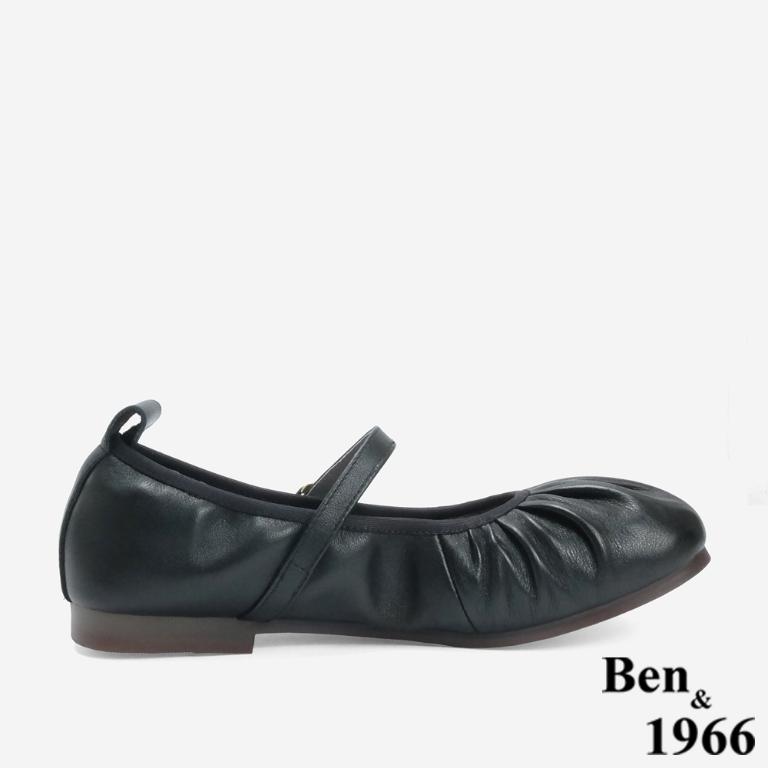 Ben&1966 高級頭層牛皮圓頭抓皺舒適瑪莉珍鞋-黑(246251)