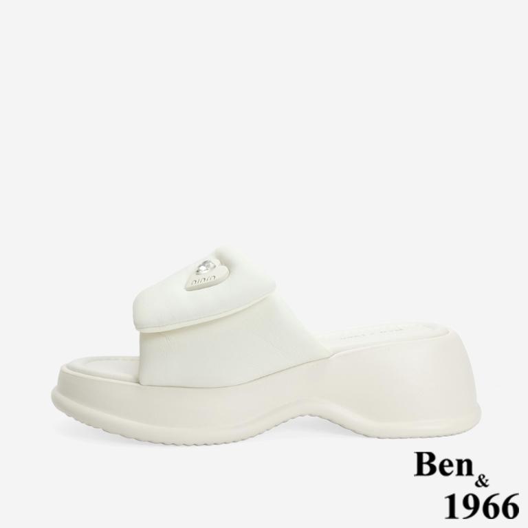 Ben&1966 高級羊皮可愛澎澎感愛心釦厚底拖鞋-米白