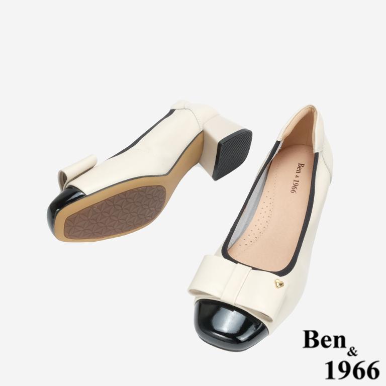 Ben&1966 質感牛皮氣質撞色蝴蝶結方頭粗跟鞋-黑