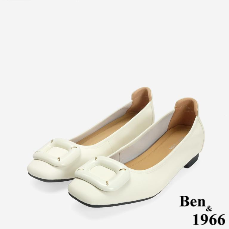 Ben&1966 高級絲綢羊皮可愛方釦舒適包鞋-米白(246582)