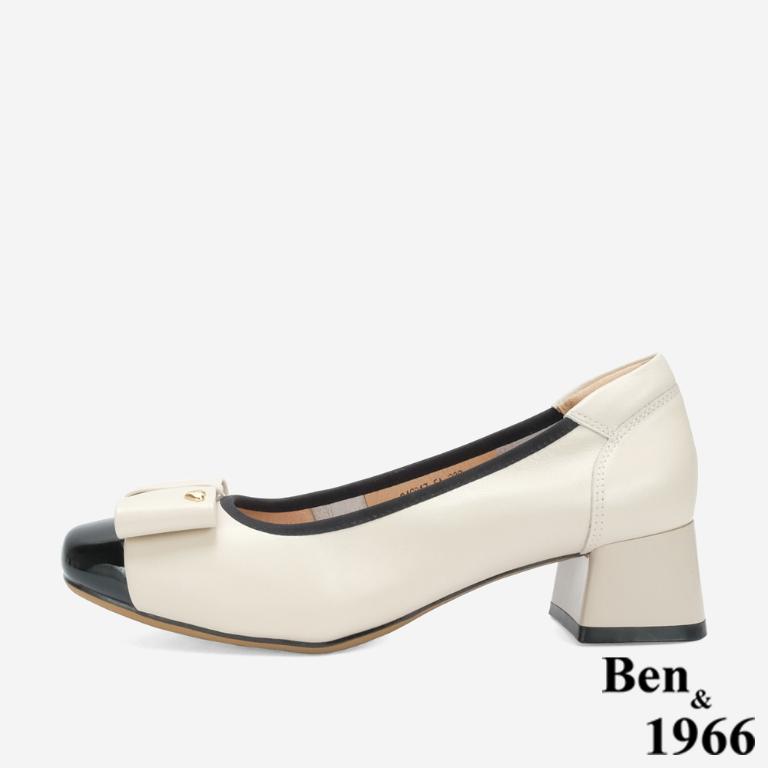 Ben&1966 質感牛皮氣質撞色蝴蝶結方頭粗跟鞋-黑