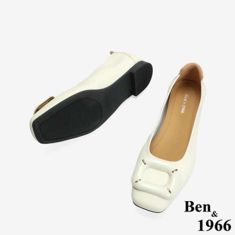 Ben&1966 高級絲綢羊皮可愛方釦舒適包鞋-米白(246582)