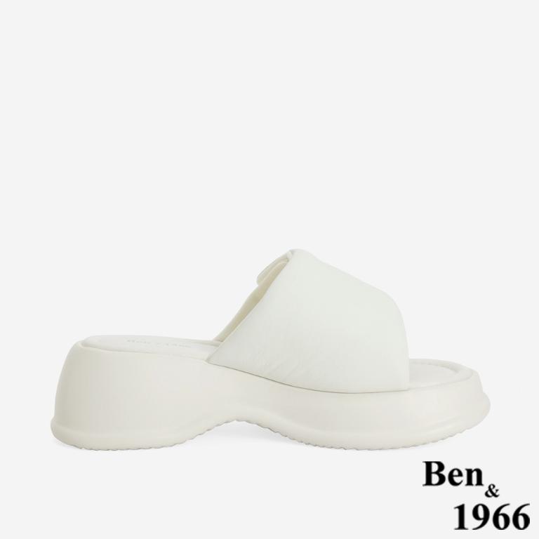 Ben&1966 高級羊皮可愛澎澎感愛心釦厚底拖鞋-米白