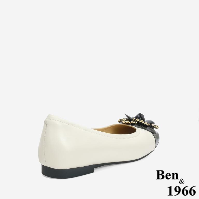 Ben&1966 柔軟羊皮優雅山茶花方頭包鞋-米白