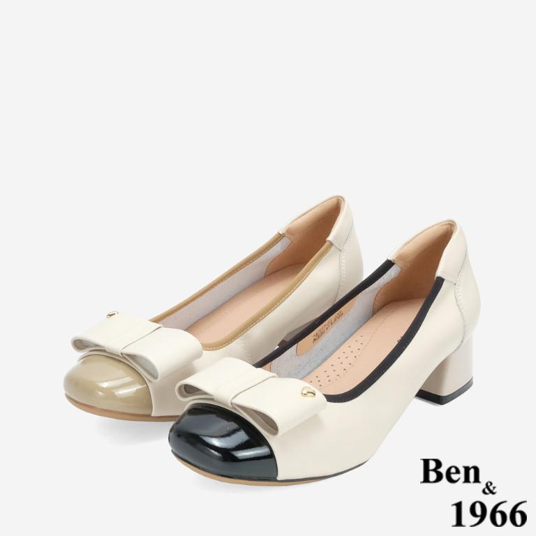 Ben&1966 質感牛皮氣質撞色蝴蝶結方頭粗跟鞋-杏