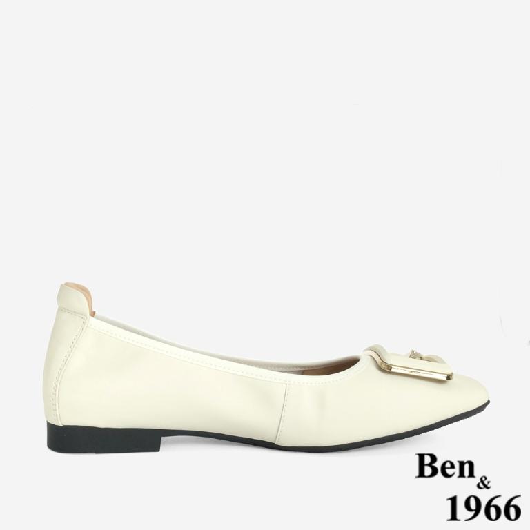 Ben&1966 高級絲綢羊皮舒適內增高方頭包鞋-米白