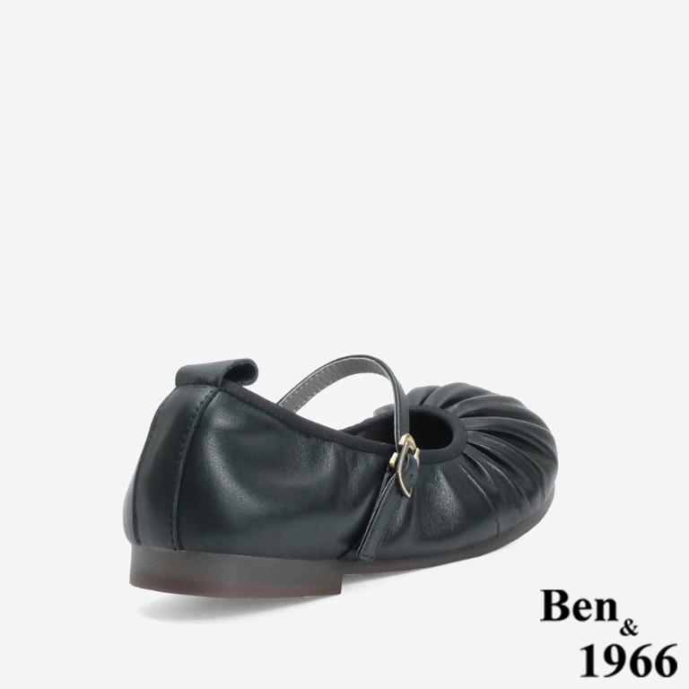 Ben&1966 高級頭層牛皮圓頭抓皺舒適瑪莉珍鞋-黑(246251)