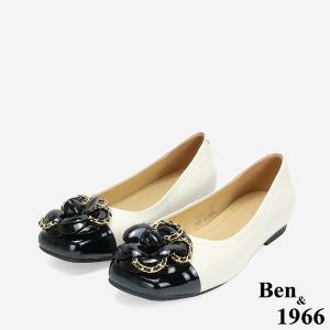 Ben&1966 柔軟羊皮優雅山茶花方頭包鞋-米白