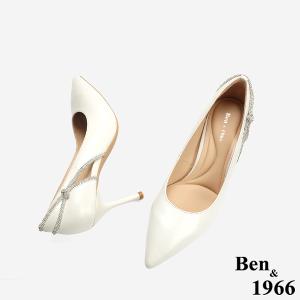 Ben&1966 高級舒適羊皮側簍空燙鑽氣質尖頭高跟鞋-米白