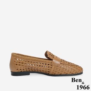 Ben&1966 高級頭層牛皮質感編織樂福鞋-太妃糖棕