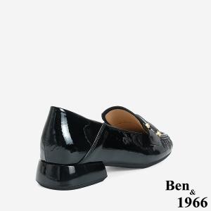 Ben&1966 高級牛漆皮個性D釦方頭低跟樂福鞋-黑