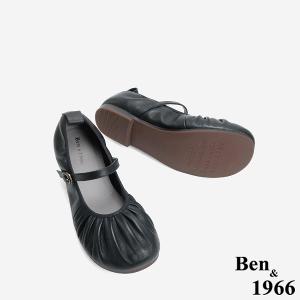 Ben&1966 高級頭層牛皮圓頭抓皺舒適瑪莉珍鞋-黑(246251)