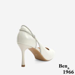 Ben&1966 高級舒適羊皮側簍空燙鑽氣質尖頭高跟鞋-米白