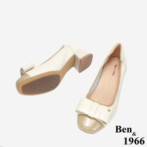 Ben&1966 質感牛皮氣質撞色蝴蝶結方頭粗跟鞋-杏