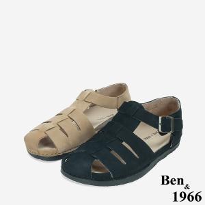 Ben&1966 高級牛磨砂皮知性文青魚骨涼鞋-黑