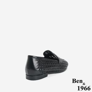 Ben&1966 高級頭層牛皮質感編織樂福鞋-黑