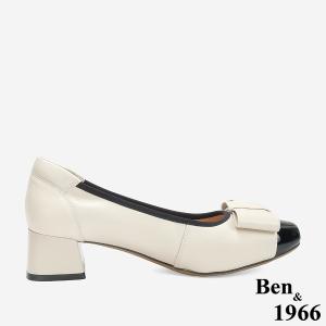Ben&1966 質感牛皮氣質撞色蝴蝶結方頭粗跟鞋-黑