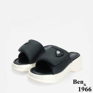 Ben&1966 高級羊皮可愛澎澎感愛心釦厚底拖鞋-黑