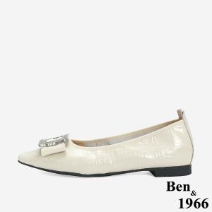 Ben&1966 高級頭層牛皮金屬方釦氣質尖頭包鞋-米白