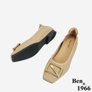 Ben&1966 高級絲綢羊皮舒適內增高方頭包鞋-杏