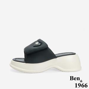 Ben&1966 高級羊皮可愛澎澎感愛心釦厚底拖鞋-黑