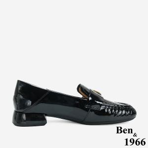Ben&1966 高級牛漆皮個性D釦方頭低跟樂福鞋-黑