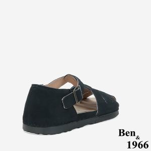 Ben&1966 高級牛磨砂皮知性文青魚骨涼鞋-黑