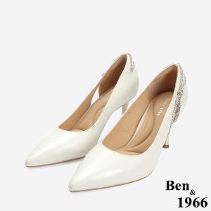 Ben&1966 高級舒適羊皮側簍空燙鑽氣質尖頭高跟鞋-米白