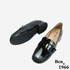 Ben&1966 高級牛漆皮個性D釦方頭低跟樂福鞋-黑