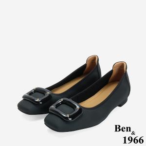 Ben&1966 高級絲綢羊皮可愛方釦舒適包鞋-黑(246581)
