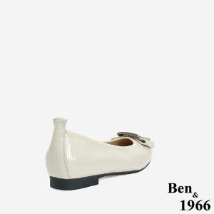 Ben&1966 高級頭層牛皮金屬方釦氣質尖頭包鞋-米白