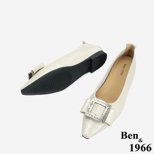 Ben&1966 高級頭層牛皮金屬方釦氣質尖頭包鞋-米白