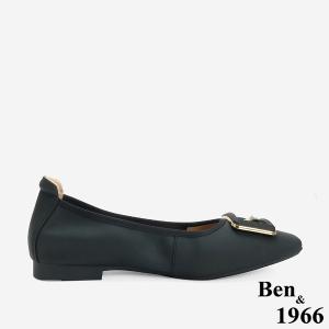 Ben&1966 高級絲綢羊皮舒適內增高方頭包鞋-黑
