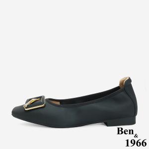 Ben&1966 高級絲綢羊皮舒適內增高方頭包鞋-黑