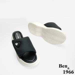 Ben&1966 高級羊皮可愛澎澎感愛心釦厚底拖鞋-黑