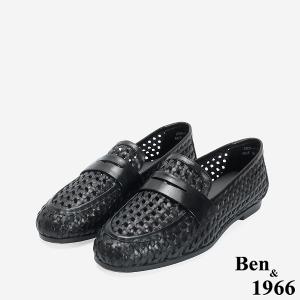 Ben&1966 高級頭層牛皮質感編織樂福鞋-黑