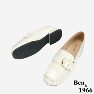 Ben&1966 高級牛漆皮個性D釦方頭低跟樂福鞋-米白(246332)