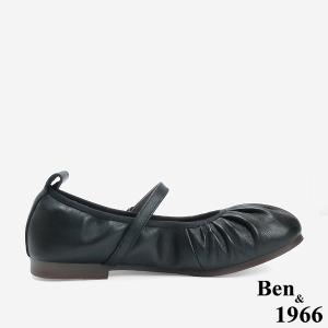 Ben&1966 高級頭層牛皮圓頭抓皺舒適瑪莉珍鞋-黑(246251)