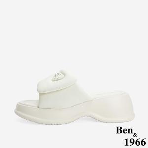 Ben&1966 高級羊皮可愛澎澎感愛心釦厚底拖鞋-米白
